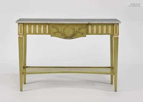 Console de style Directoire - Un tiroir en ceinture, bois peint vert, marbre blanc, [...]