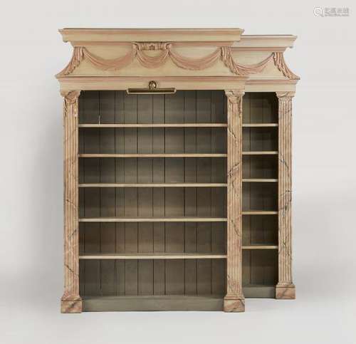 Paire de bibliothèques de style néoclassique - Bois laqué beige, peint faux [...]