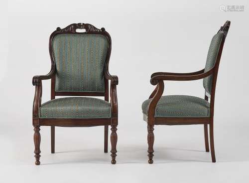 Paire de fauteuils d'époque Louis-Philippe - Acajou et tissu vert -