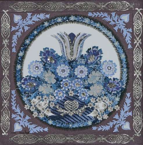 Anne Rosat (1935) - Découpage à motif de fleurs, signé et daté 1984, 19x19 cm -