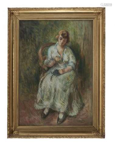Otto Vautier (1863-1919) - Portrait de femme tricotant, pastel sur papier, 90x64 cm -