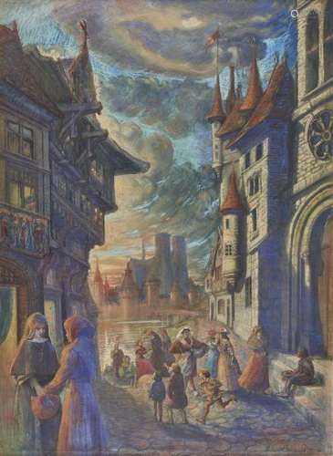 Jerem Falquet (1885-1956) - Vue fantasmée du Paris médiéval, pastel sur papier, [...]