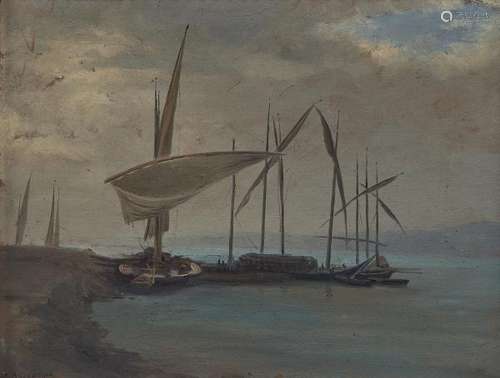 Jean Philippe George (1818-1888) - Bateaux échoués, huile sur carton, signée, [...]