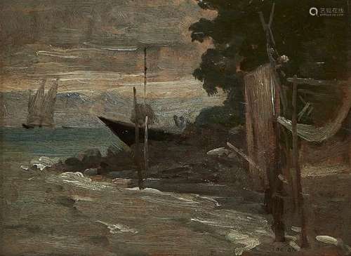 François Bocion (1826-1890) - Berge et bateaux, huile sur carton, signée, [...]