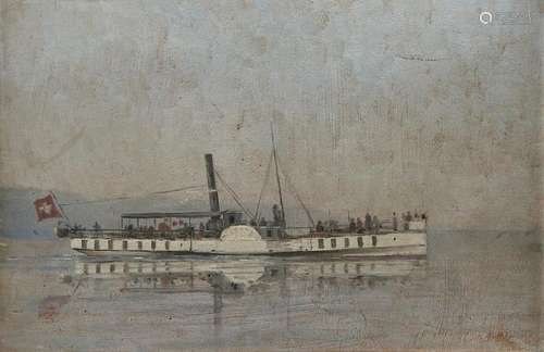 François Bocion (1826-1890) - Bateau de la CGN La Mouette, huile sur carton, 26x38 cm -