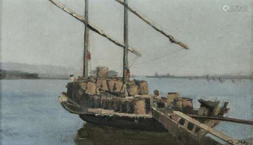 Jean-Daniel Ihly (1854-1910)  - Barque du Léman, huile sur carton, signée, 22x38 cm -