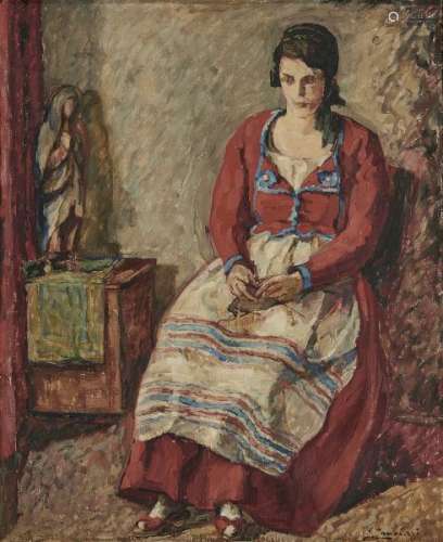 Giacomo Zanolari (1891-1953) - Femme tricotant, huile sur toile, signée, 61x50 cm -
