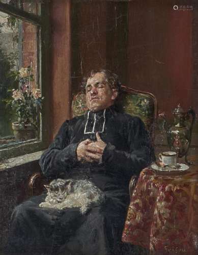 François Adolphe Grison (1845-1914) - La sieste de Monsieur le curé et son chat, [...]