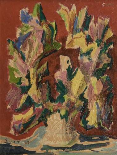 Georges Fustier (1891-1982) - Bouquet de fleurs sur fond rouge, huile sur carton, [...]