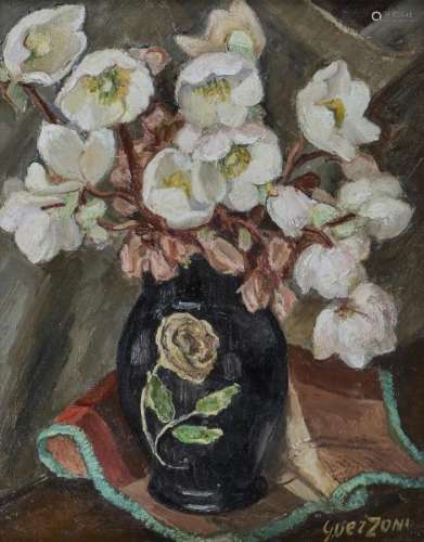Stéphanie Guerzoni (1887-1970) - Fleurs dans un vase noir, huile sur toile, [...]