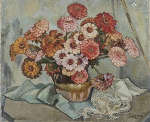 Stéphanie Guerzoni (1887-1970) - Bouquets de zinnias, huile sur toile, signée et [...]