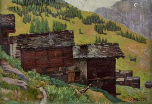 Henry Ruegger (1881-1971) - Mazots en Valais, huile sur toile, signée, 33x46 cm -