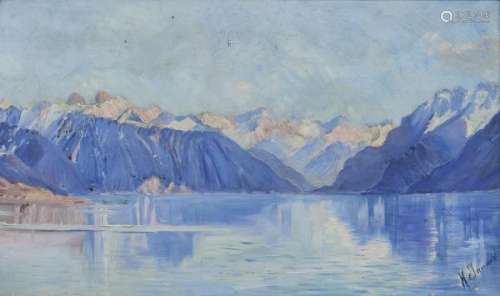 Ecole suisse XXe s - Lac et montagnes, huile sur toile, signée M. Jaccard , 33x45 cm -