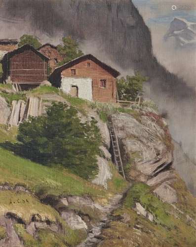 Albert Gos (1852-1942) - Village de montagne, huile sur toile, signée, 26x21 cm -