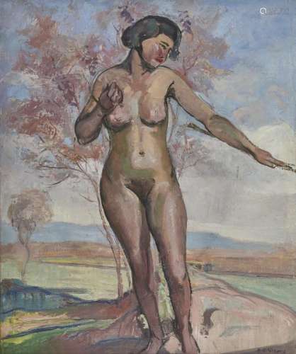 Pierre-Eugène Vibert (1875-1937) - Etude de nu debout dans un paysage, huile sur [...]