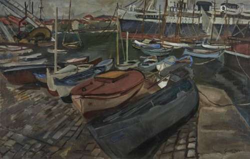 Stéphanie Guerzoni (1887-1970) - Le Paquebot, huile sur toile, signée, 65x100 cm -