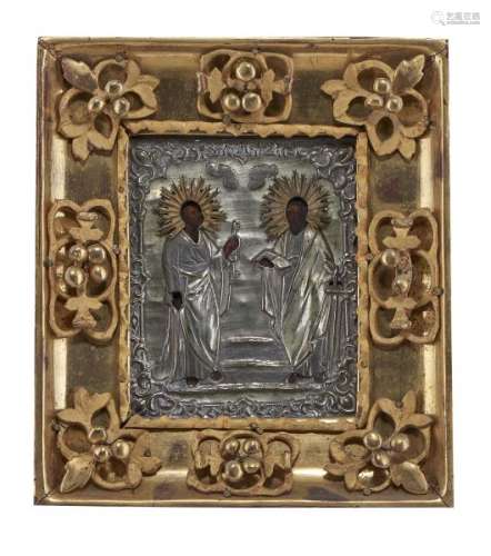 Saint-Pierre et le Christ - Icône, tempera sur panneau, oklade en métal argenté, [...]