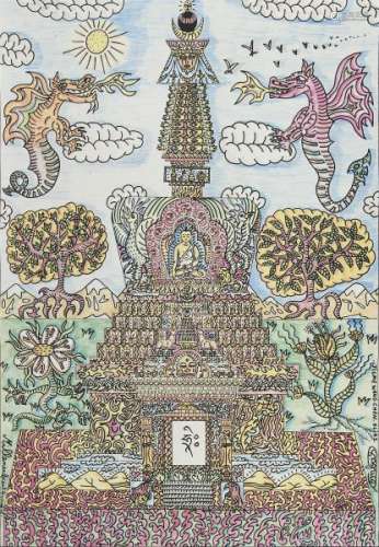Robert Combas (1957) - Stupa, lithographie signée et numérotée 54/110, 75x55 cm -
