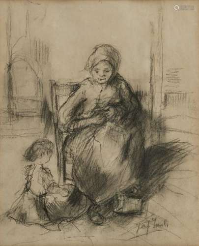 Josef Israels (1824-1911)  - Maternité, mine de plomb sur papier, signée, 37x30 cm -