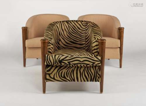Suite de 3 fauteuils d'époque Art déco  - Noyer, tissu crème et zèbre -