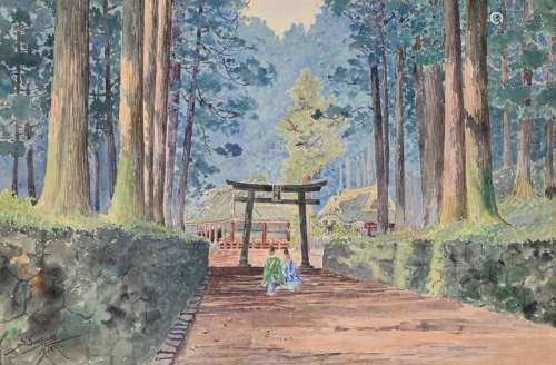 S. SUZUKI (XIX XX) \r\nSortie du temple à Nikko. \r\nA…