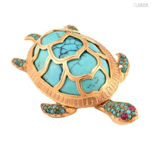 Turquoise, Ruby, 14k Yellow Gold Turtle Brooch.