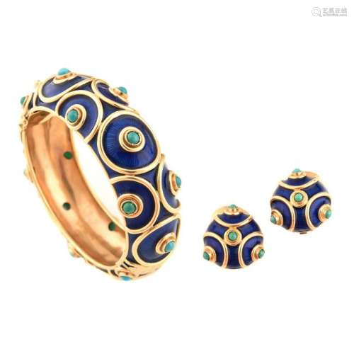 Turquoise, Enamel, 18k Yellow Gold Jewelry Suite.