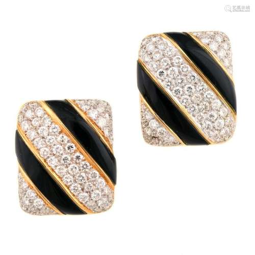 Pair of Diamond, Black Onyx, 18k Yellow Gold Ear Clips.