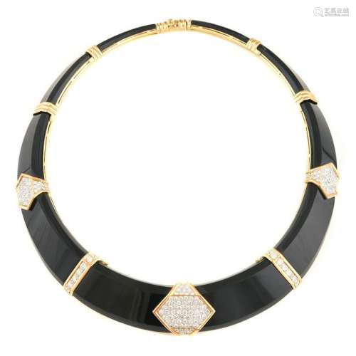 Diamond, Black Onyx, 18k Yellow Gold Necklace.