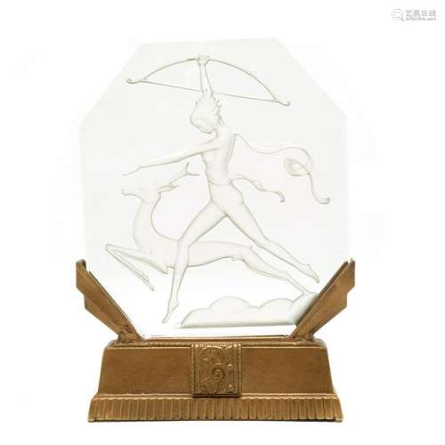 German Art Deco Etched Glass and Gilt Metal Luminaire,