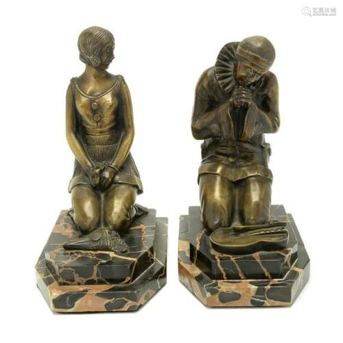 French Art Deco Period Bronze Bookends of Pierrot and