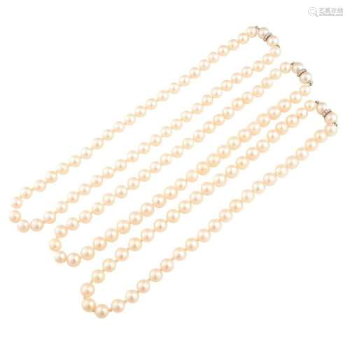 Collection of Three Cultured Pearl, Diamond, 14k White