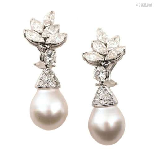 Pair of Cultured Pearl, Diamond, Platinum Ear Clips.