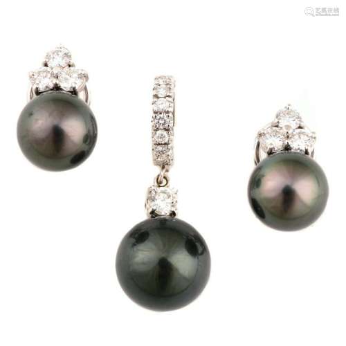 Cultured Pearl, Diamond, 14k White Gold Jewelry Suite.
