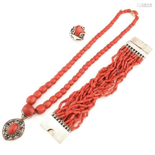 *Coral, 14k Yellow Gold, Silver Jewelry Suite.