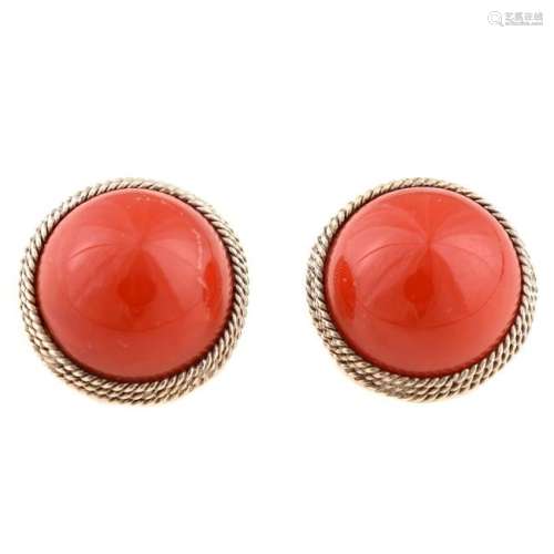 *Pair of Red Coral, 14k White Gold Ear Clips.