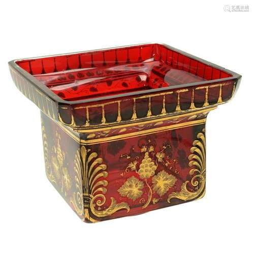 Bohemian Gilt Decorated Ruby Glass Square Centerpiece