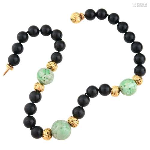 Trio Jade, Black Onyx, 18k Yellow Gold Necklace.
