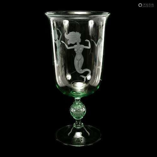 Large Italian Etched and Frosted Glass Pedestal Vase,