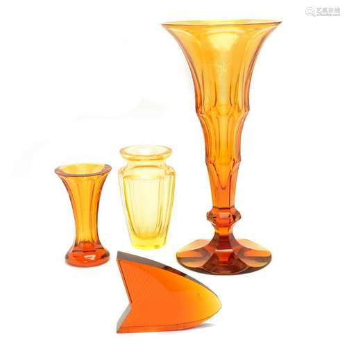 Three Bohemian Moser Amber Glass Table Articles and One