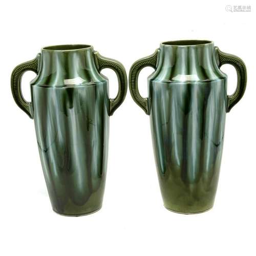 Pair of French Art Deco Faience Double Handled Vases.