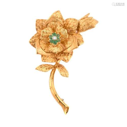 Diamond, Emerald, 18k Yellow Gold Rose Brooch.