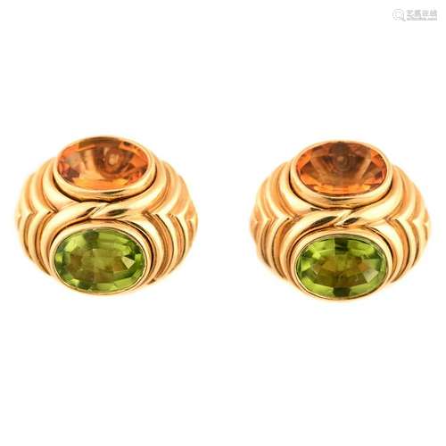 Pair of Bulgari Peridot, Citrine, 18k Yellow Gold Ear