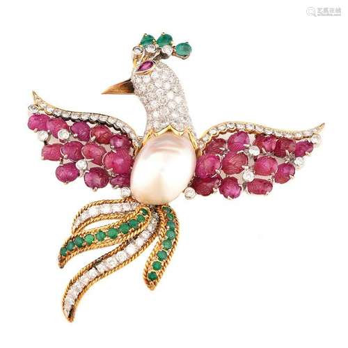 Trio Baroque Cultured Pearl, Diamond, Ruby, Emerald,