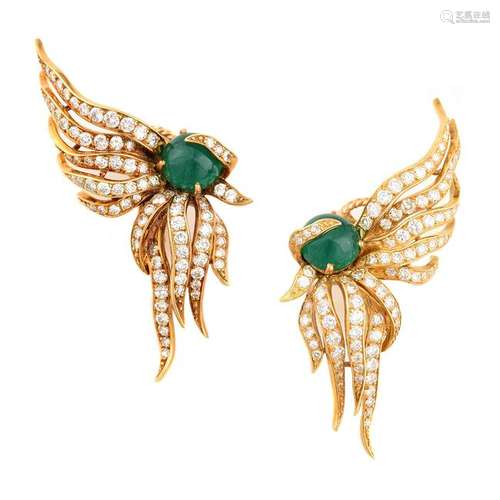 Pair of French Emerald, Diamond, 18k Yellow Gold Ear