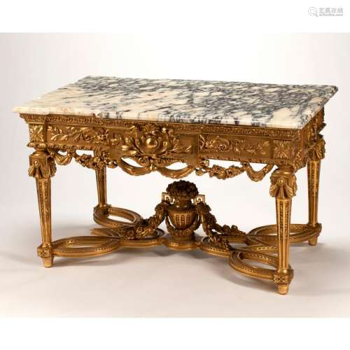 French Regence Style Wood Carved and Gilt Marble Top