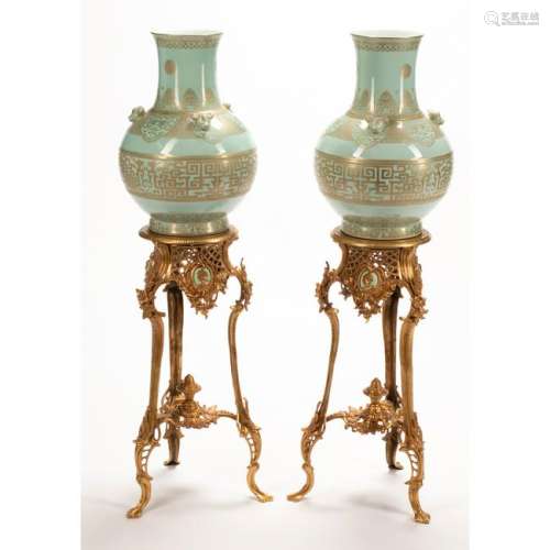 Pair of Chinese Gold Painted Celadon Porcelain Vases on