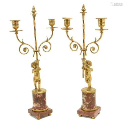Pair of Dore Bronze Two Light Figural Candelabras on