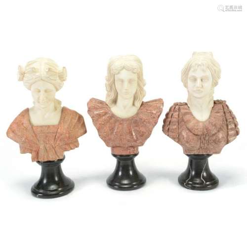 Three Miniature Carved Marble Female Busts.