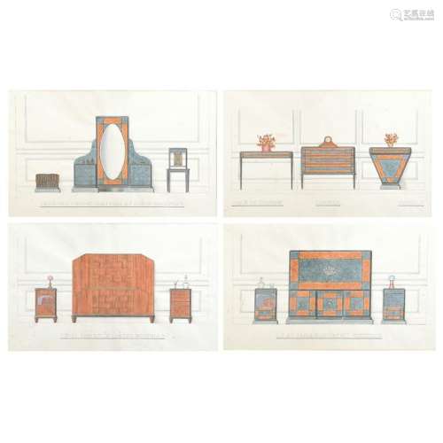 French Furniture Set of Four Framed Etchings, Art Deco